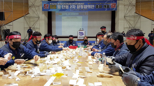 현대중공업 노조가 지난 2일 울산 본사 체육관에서 2019·2020년 임단협 2차 잠정합의안에 대한 조합원 찬반투표 개표를 하고 있다. <연합뉴스>